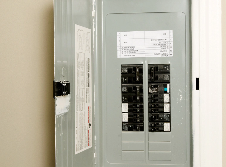 greyish electrical panel with black buttons